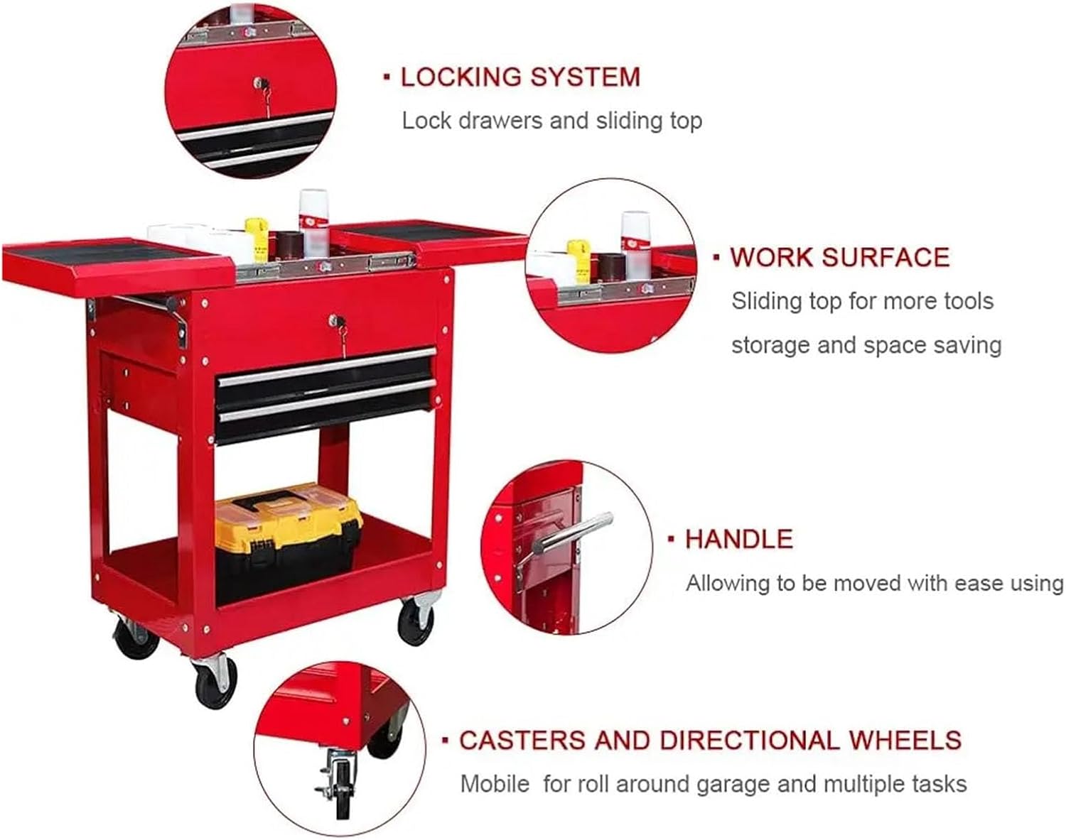 Toolbox Rolling Garage Workshop Tool Organizer with Directional Wheels, 2 Drawer Tool Chest Tray with Top Work Surface and Storage Push Cart Tool Box