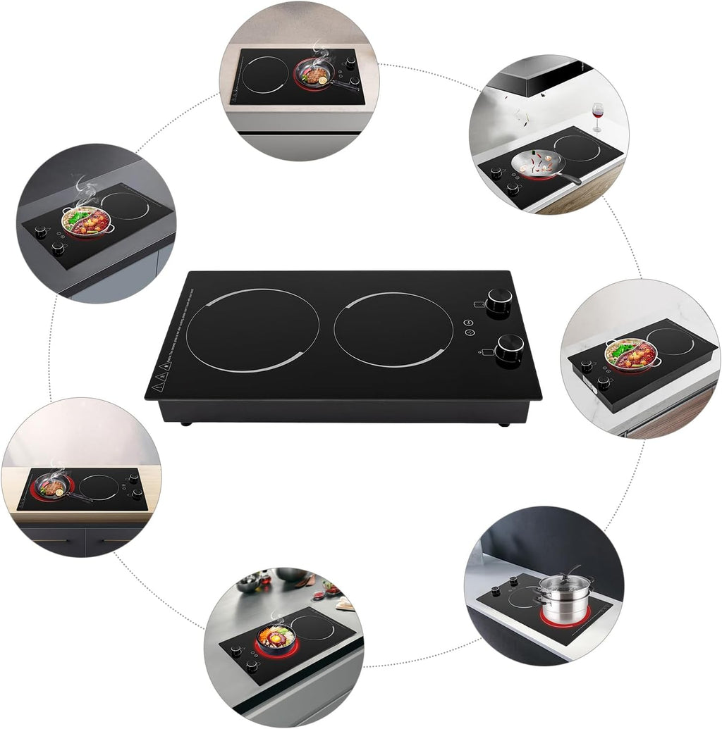 Electric Cooktop - 2 Burner Plug in Portable 110-120V 2100W Electric Cooktop, Built-in & Countertop Ceramic Cook Stove with Knob Control, 9 Power Levels and Overheat Protection