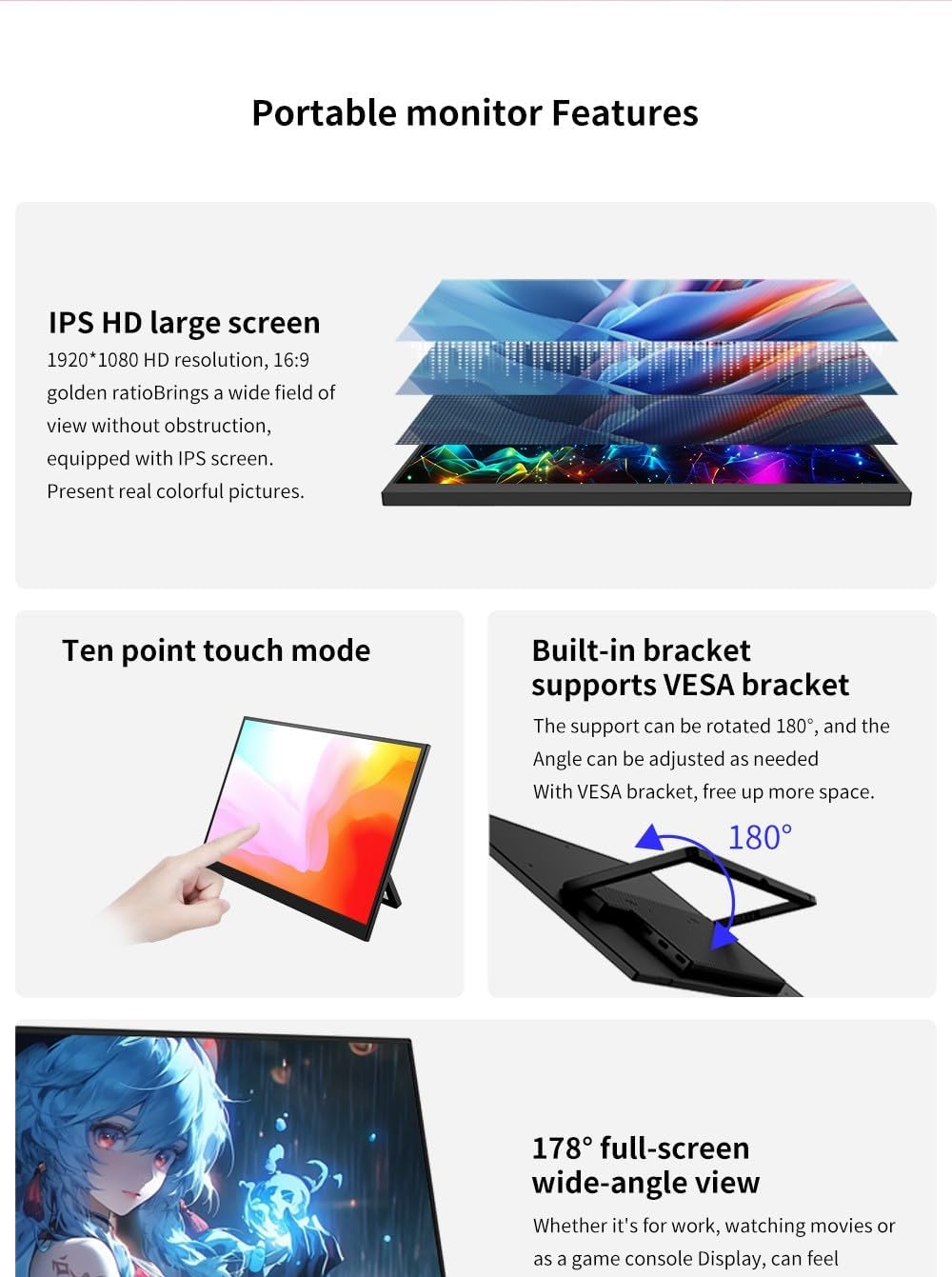 cjc 18.5' FHD Portable Touch Screen Monitor with Kickstand - USB C HDMI External Travel Display for Laptop, Phone, Gaming Console, Second Screen (18.5' 120Hz)