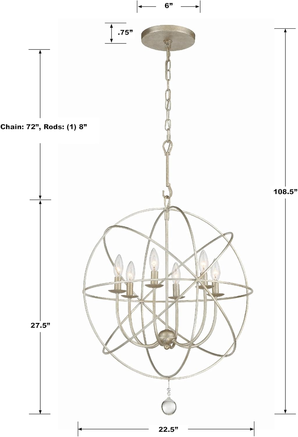 Crystorama Solaris 6 Light Olde Silver Sphere Chandelier