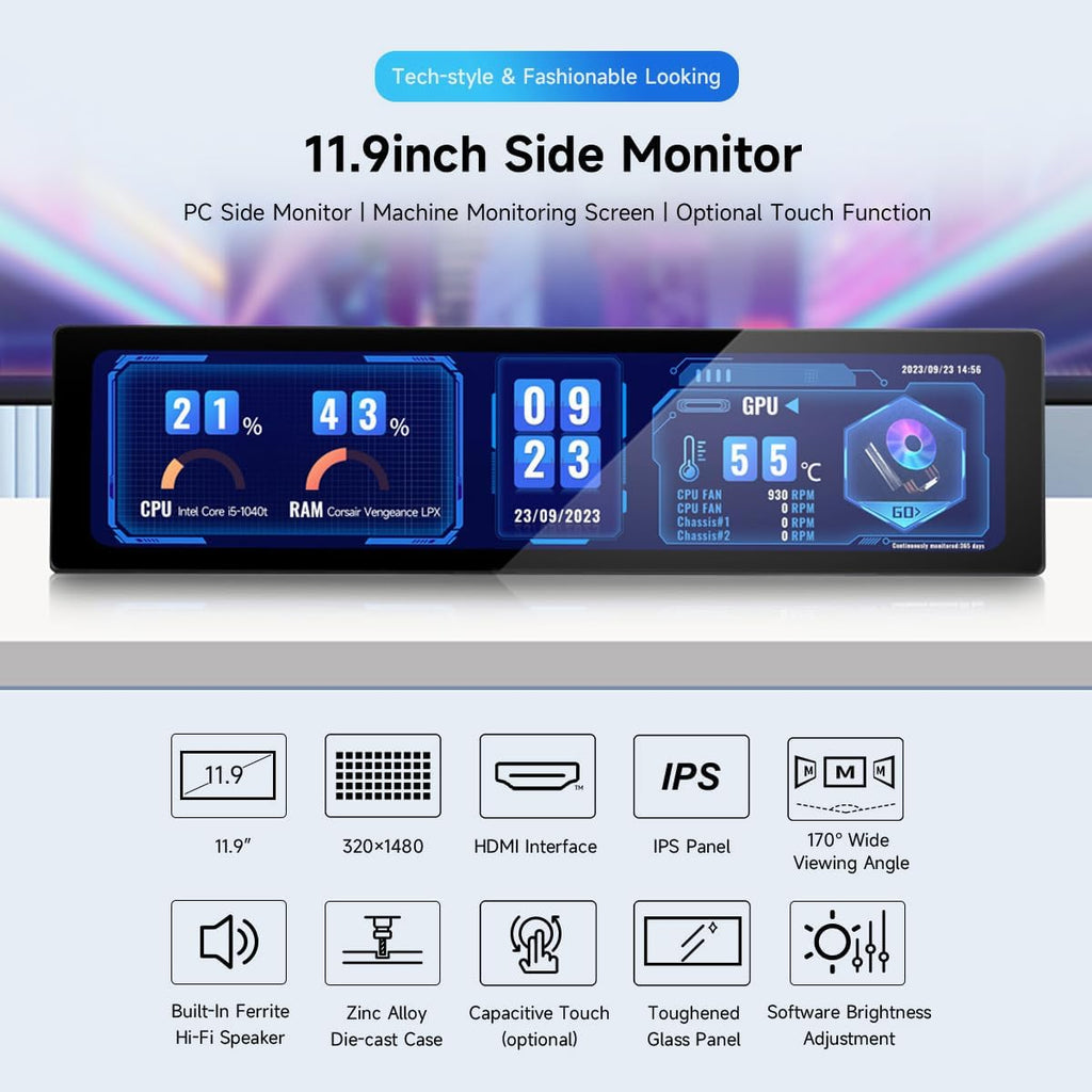 Waveshare 11.9inch IPS Display, Compatible with Raspberry Pi 5/4B/3B+/3A+/2B/Zero 2W CM3+/4, 5-Point Touch,Driver Free,Dual-Track Speaker,Software Brightness Adjustment,NO Touch Function