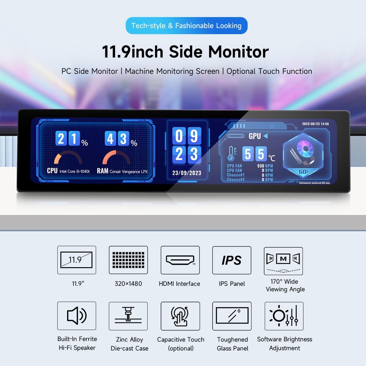 Waveshare 11.9inch IPS Display, Compatible with Raspberry Pi 5/4B/3B+/3A+/2B/Zero 2W CM3+/4, 5-Point Touch,Driver Free,Dual-Track Speaker,Software Brightness Adjustment,NO Touch Function