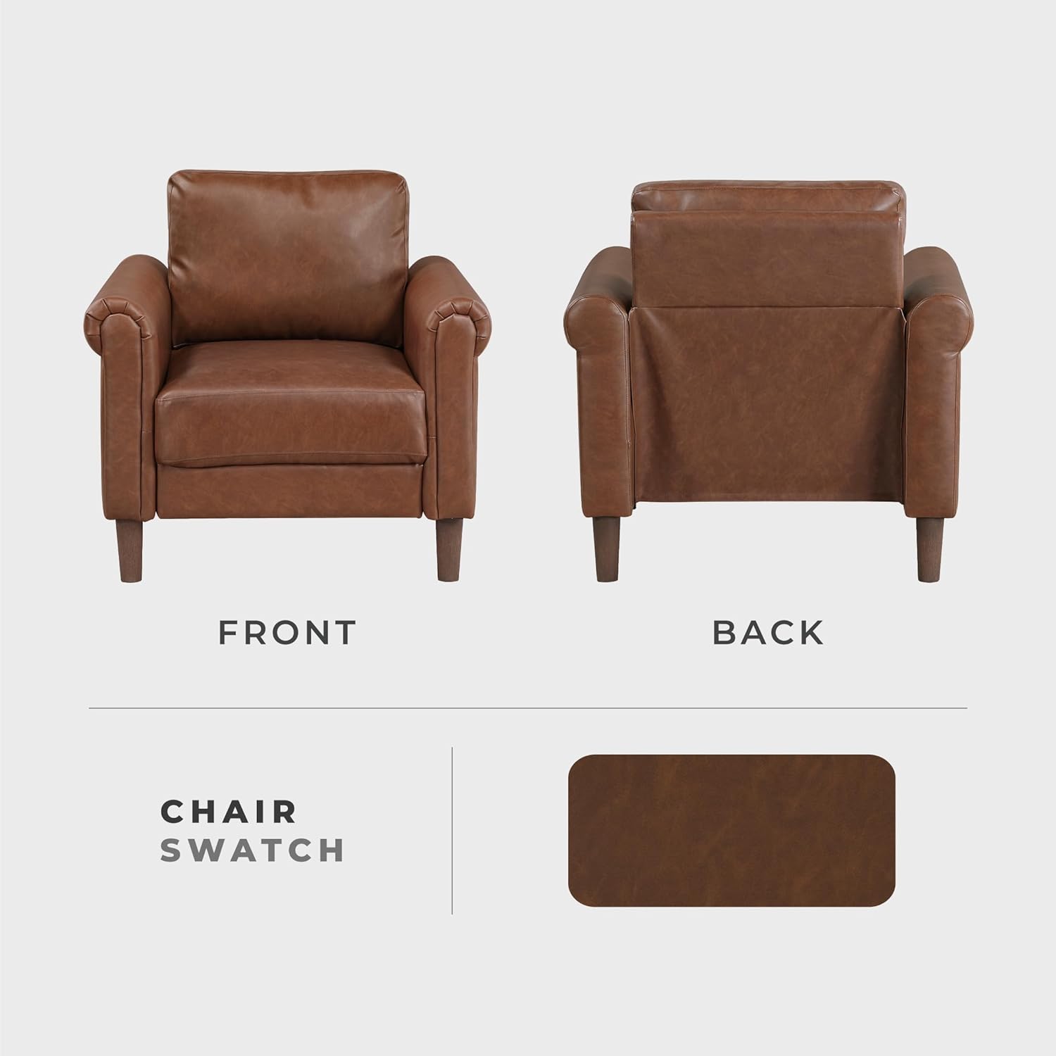 Lexicon 35' W Living Room Accent Chair, Faux Leather Upholstered Armchair with Rolled Arms & Wood-Look Feet, Traditional Single Sofa Chair for Living Room, Bedroom or Office - Chocolate