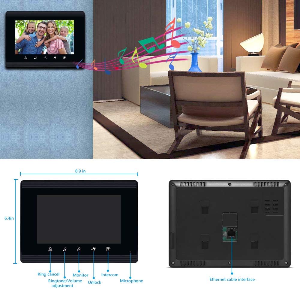 Upgrade Versions 3 Units Apartment Intercom System 7 inch Touch Monitor Video Door Phone Kits Support Ethernet Cable Connect, Single-Supply, ID Keyfobs Unlock for Home Apartment