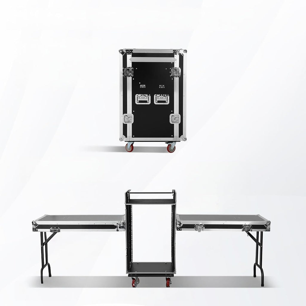 16u Road Case with 60° Slant Mixer Top, 4 Casters - Brake System, 2 Side Table up to 110lb 20' Rackable Depth Plywood & Tour Grade Hardware ATA Rack Cases Audio Mixer for Pro Stage Performance