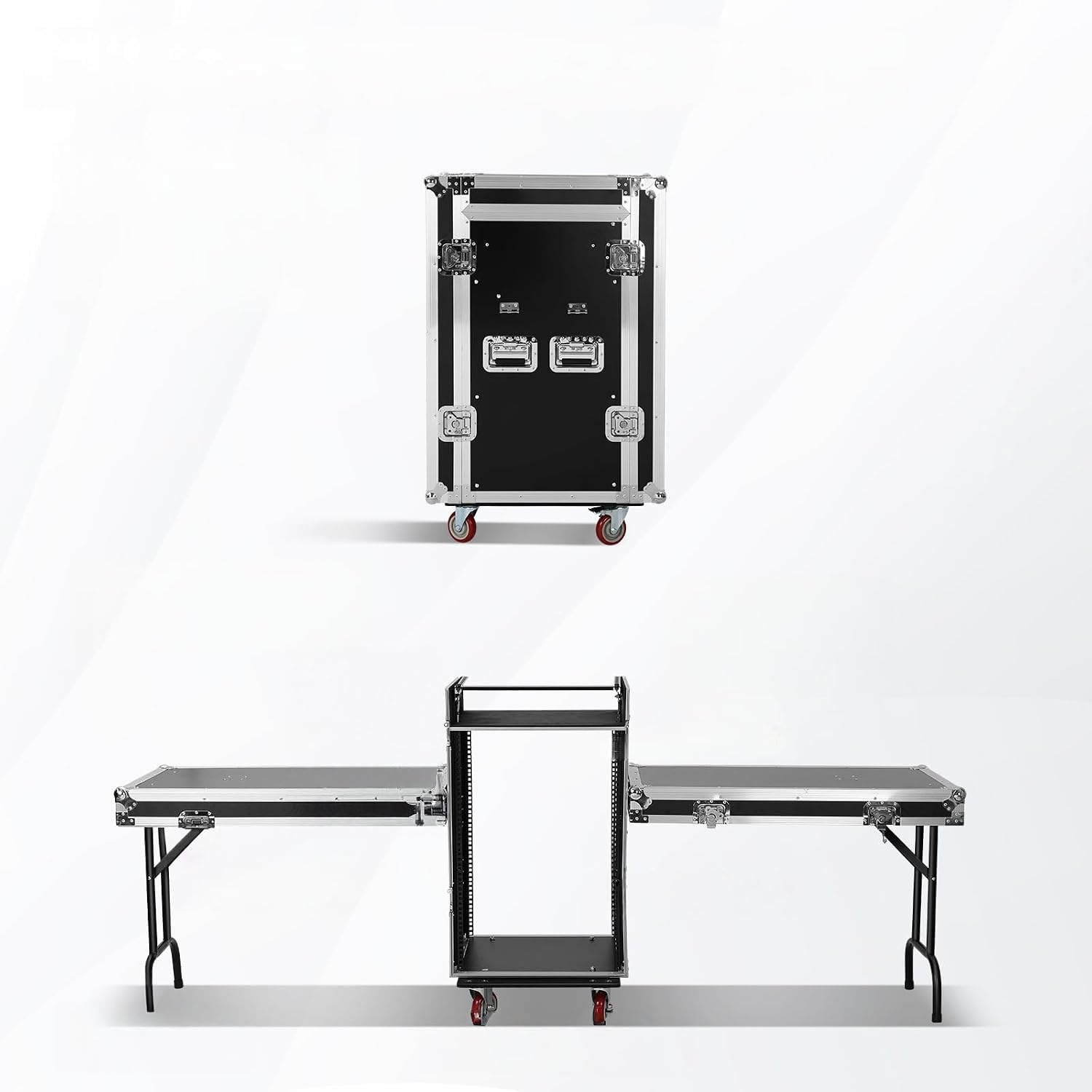 16u Road Case with 60° Slant Mixer Top, 4 Casters - Brake System, 2 Side Table up to 110lb 20' Rackable Depth Plywood & Tour Grade Hardware ATA Rack Cases Audio Mixer for Pro Stage Performance