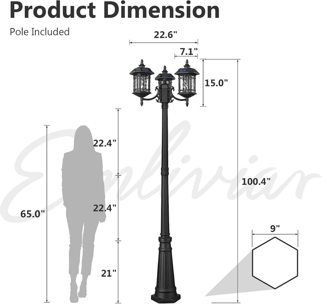 Emliviar 3-Head Outdoor Street Lights Solar Powered, Aluminum Post Lamp 100.4' Dusk to Dawn, Black Solar Column Lighting with Water Ripple Glass, 2084PL-3 SL BK-SW