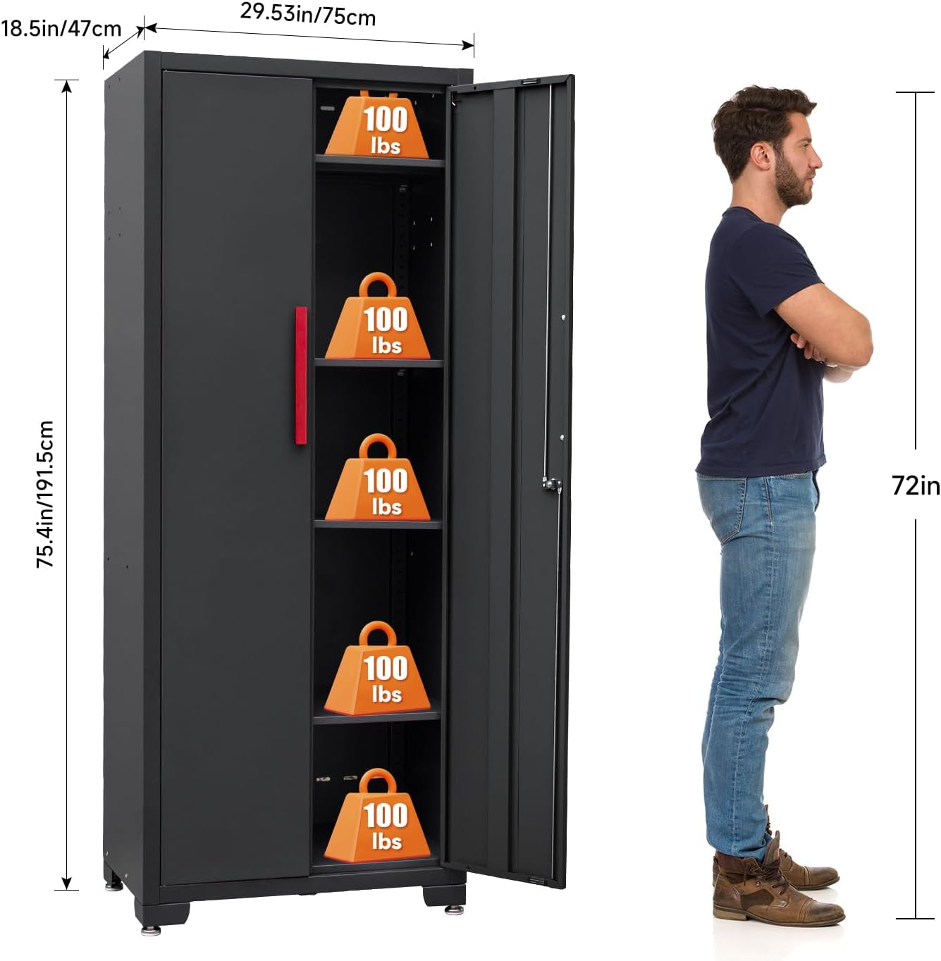 Metal Garage Storage Cabinet with 4 Adjustable Shelves and Locking Doors 75-inch Tall Tool Organizer Steel Lockers for Home, Office, Warehouse, Garage, Red (Assembly Required)