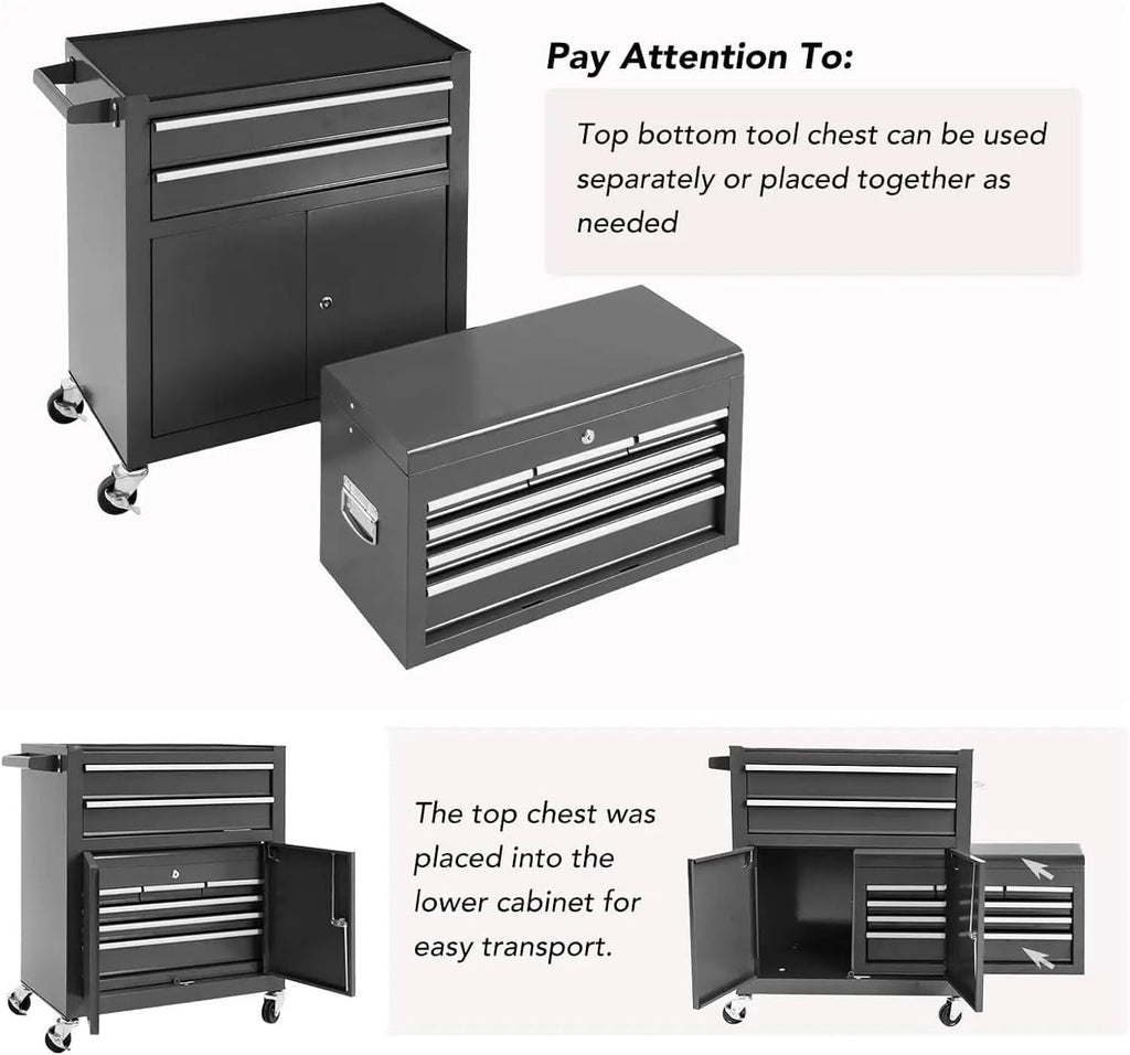 Multifunctional Rolling Tool Chest with 8 Drawers and Detachable Top Tool Box, Mobile Steel Tool Storage Organizer, Tool Chest on Wheels for Warehouse&Workshop, Side Hooks & Drawer Liners for Garage