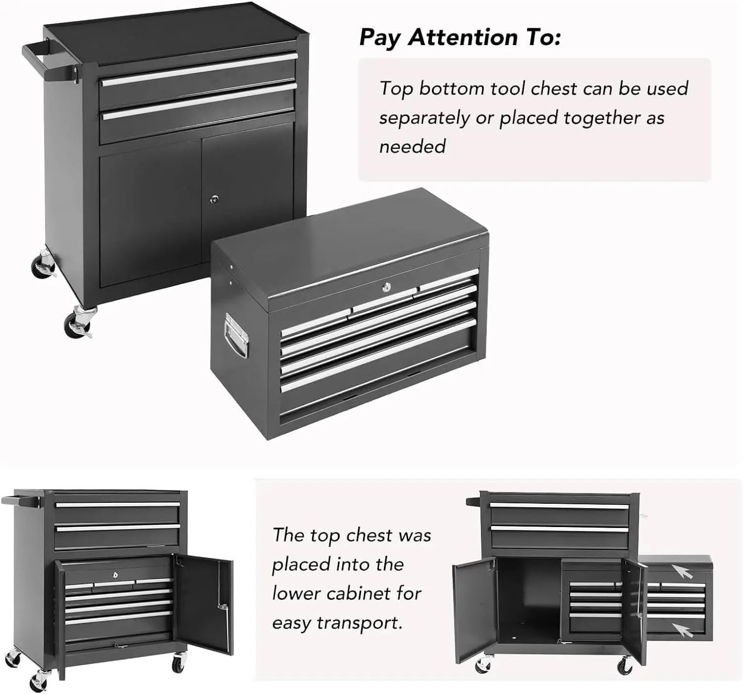 Multifunctional Rolling Tool Chest with 8 Drawers and Detachable Top Tool Box, Mobile Steel Tool Storage Organizer, Tool Chest on Wheels for Warehouse&Workshop, Side Hooks & Drawer Liners for Garage