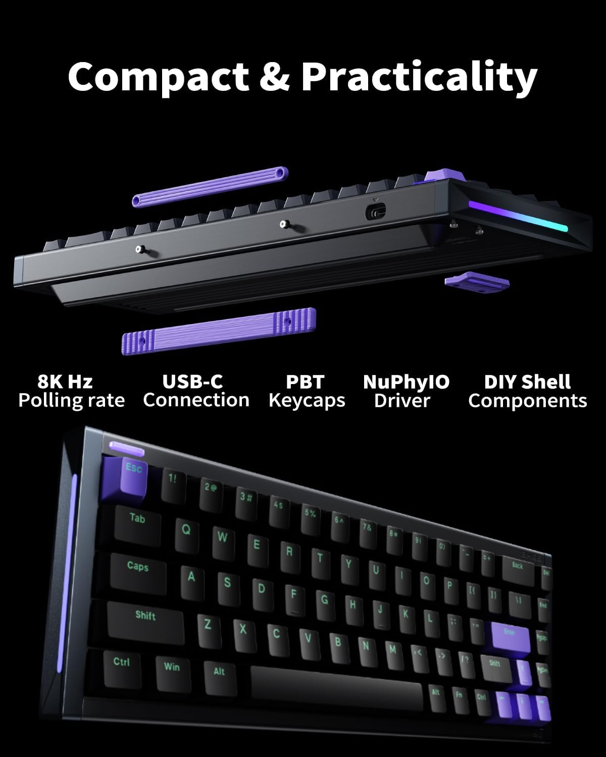 NuPhyX BH65 All-Aluminum Magnetic Switch Hot Swappable Gaming Keyboard,65% 68keys Adjustable Actuation Rapid Trigger Wired Custom Hall Effect Keyboard,PBT keycaps,8K Hz Polling Rate