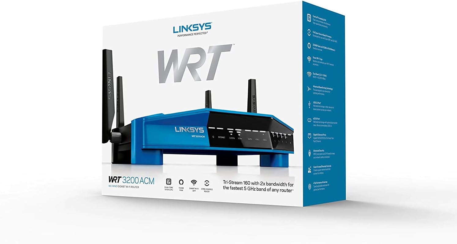 Linksys WRT3200ACM: AC3200 Dual-Band Gigabit Wi-Fi Router, Beamforming Tri-Stream Wireless Signal, Ethernet Ports, MU-MIMO (Black, Blue)