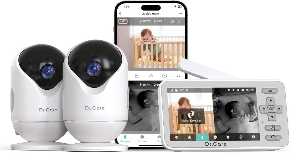 Dr.Care VistaView Lite Smart WiFi Baby Monitor with 2 Cameras- 4' 720P Split Screen & 1080P Camera App Control, Motion Alerts, Night Vision, 3000mAh Battery, 2-Way Talk, Triple Security, 1000ft Range
