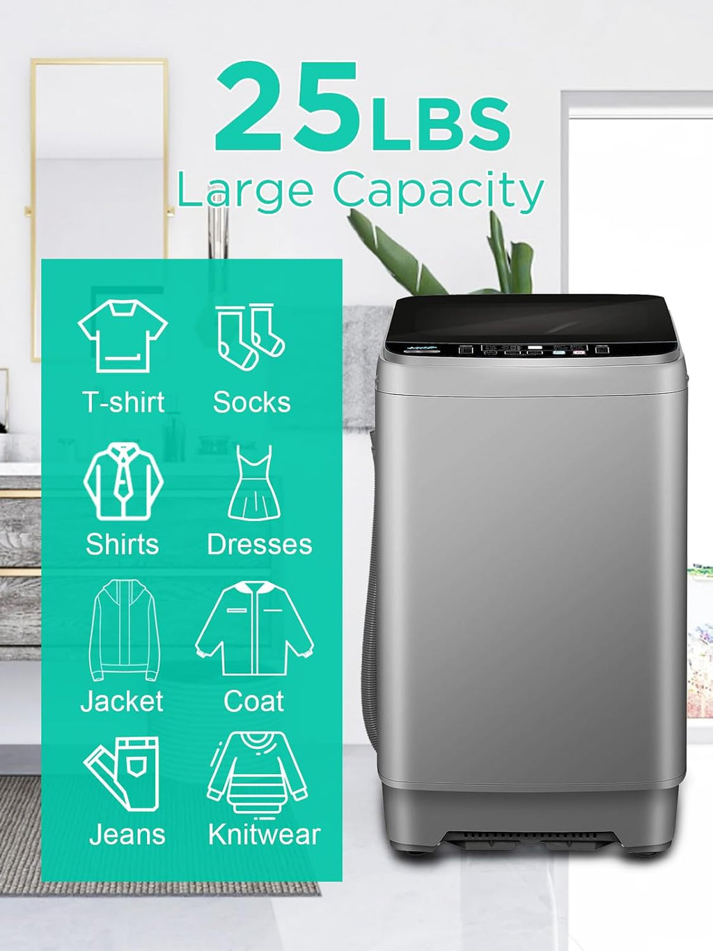KRIB BLING 25 lbs Full Automatic Washing Machine with LED Display, Portable Washer Drain Pump, Come with a Glass Cover, 8 Programs & 8 Water Levels Selections, Ideal for Camping, Apartment, Dorm, Grey