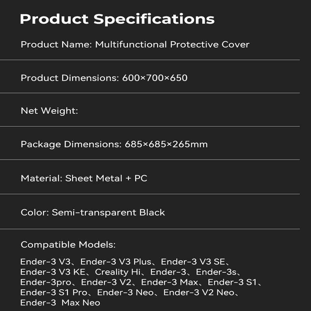 Official Creality Multifunctional Protective Cover Dustproof Sound Insulation and Noise Reduction Sturdy Frame for Ender Series and Most 3D Printer Size Within 600x700x650mm