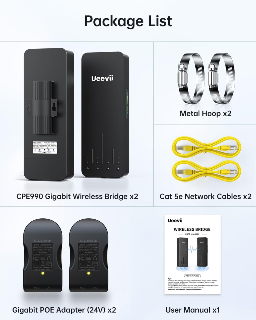 UeeVii Wireless Bridge Point to Point Outdoor | 5.8GHz WiFi Brigdge | 5KM Long Range | Dual 1000Mbps Ports | IP66 Weatherproof | 24V PoE Black for Barn/Farm/Shop
