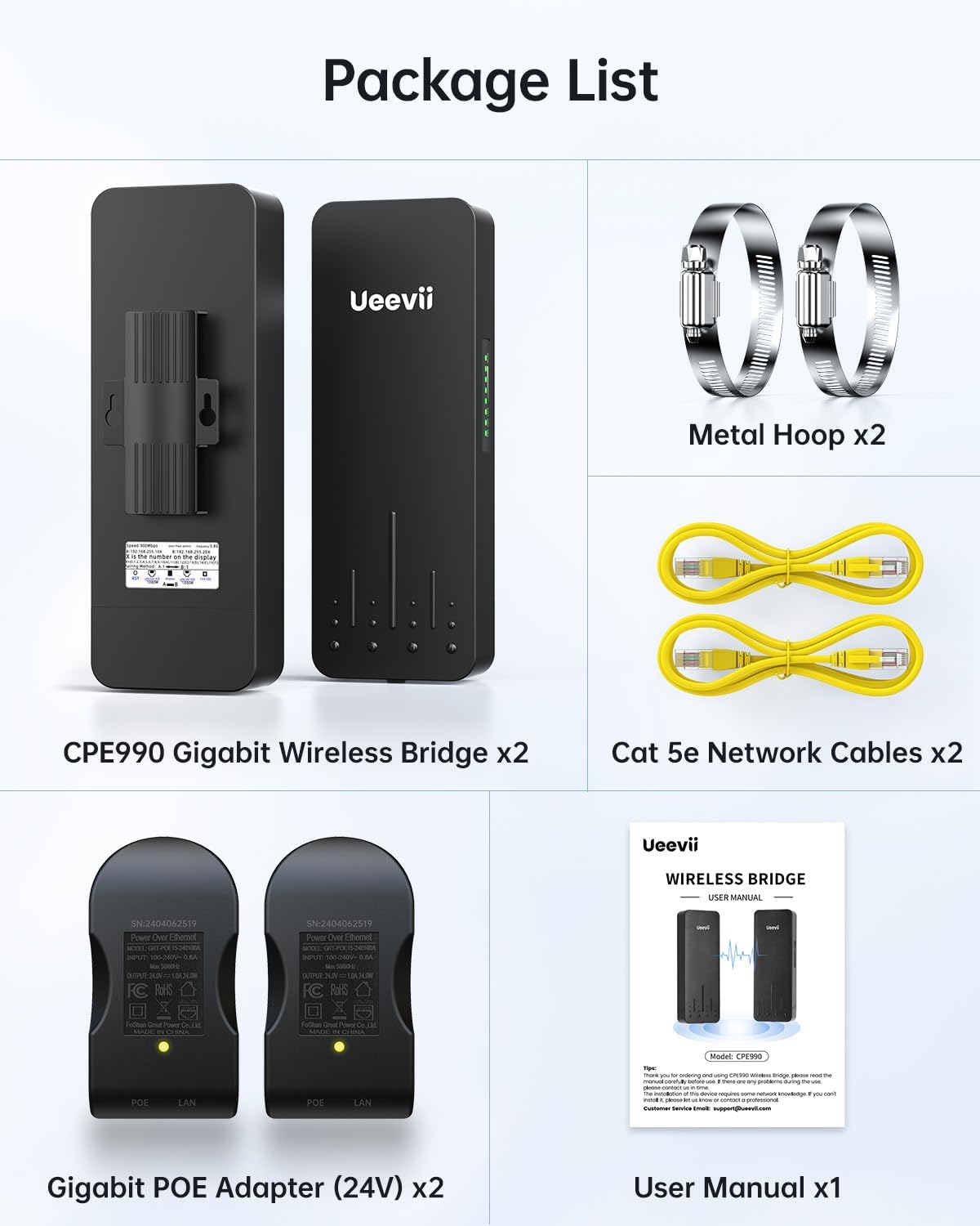 UeeVii Wireless Bridge Point to Point Outdoor | 5.8GHz WiFi Brigdge | 5KM Long Range | Dual 1000Mbps Ports | IP66 Weatherproof | 24V PoE Black for Barn/Farm/Shop