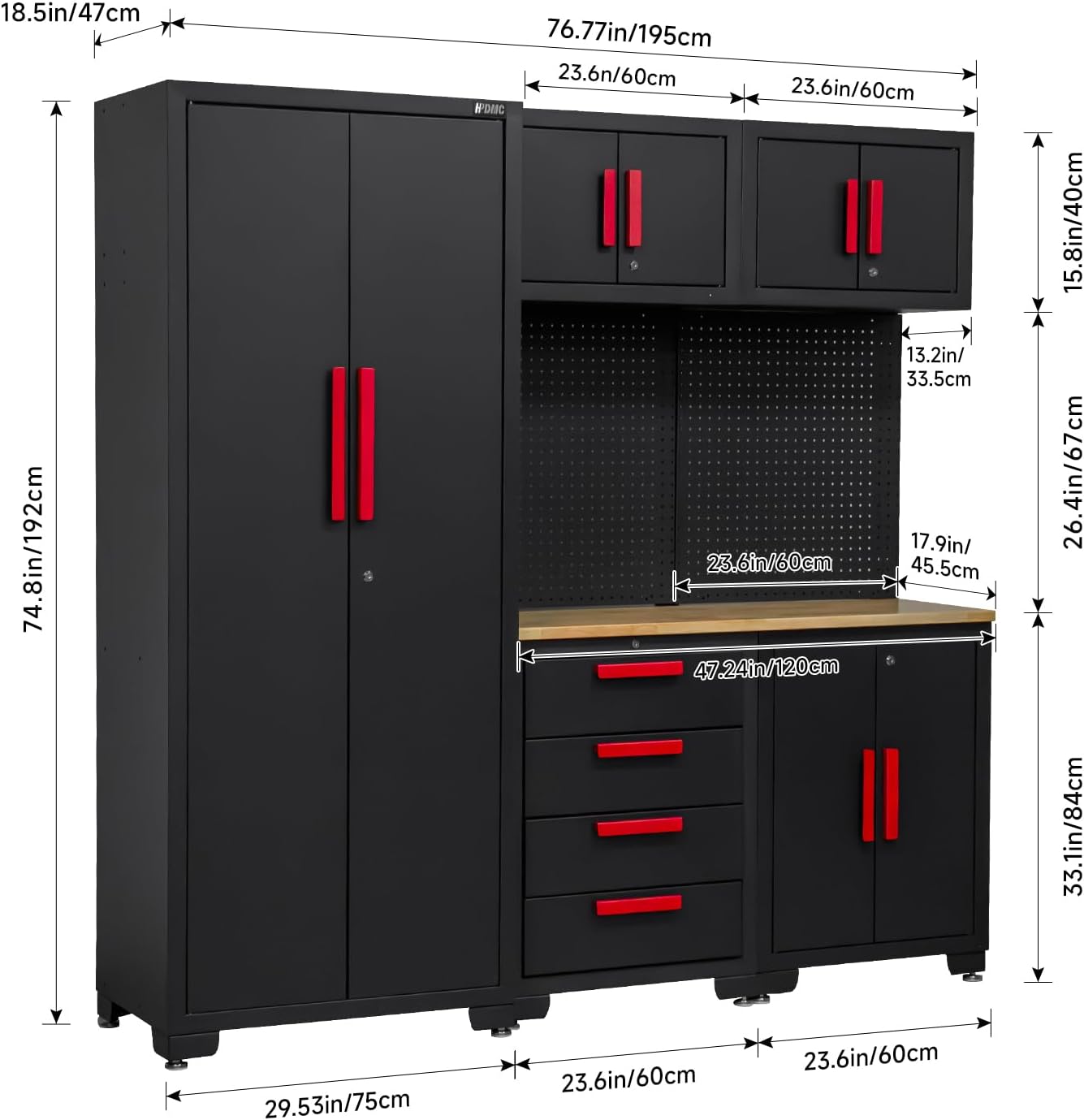 6-Pcs Garage Storage Cabinet System - Garage Workshop Set with Steel Cabinet Drawers, Tool Chest, Workbench, Pegboard for Tool Organization