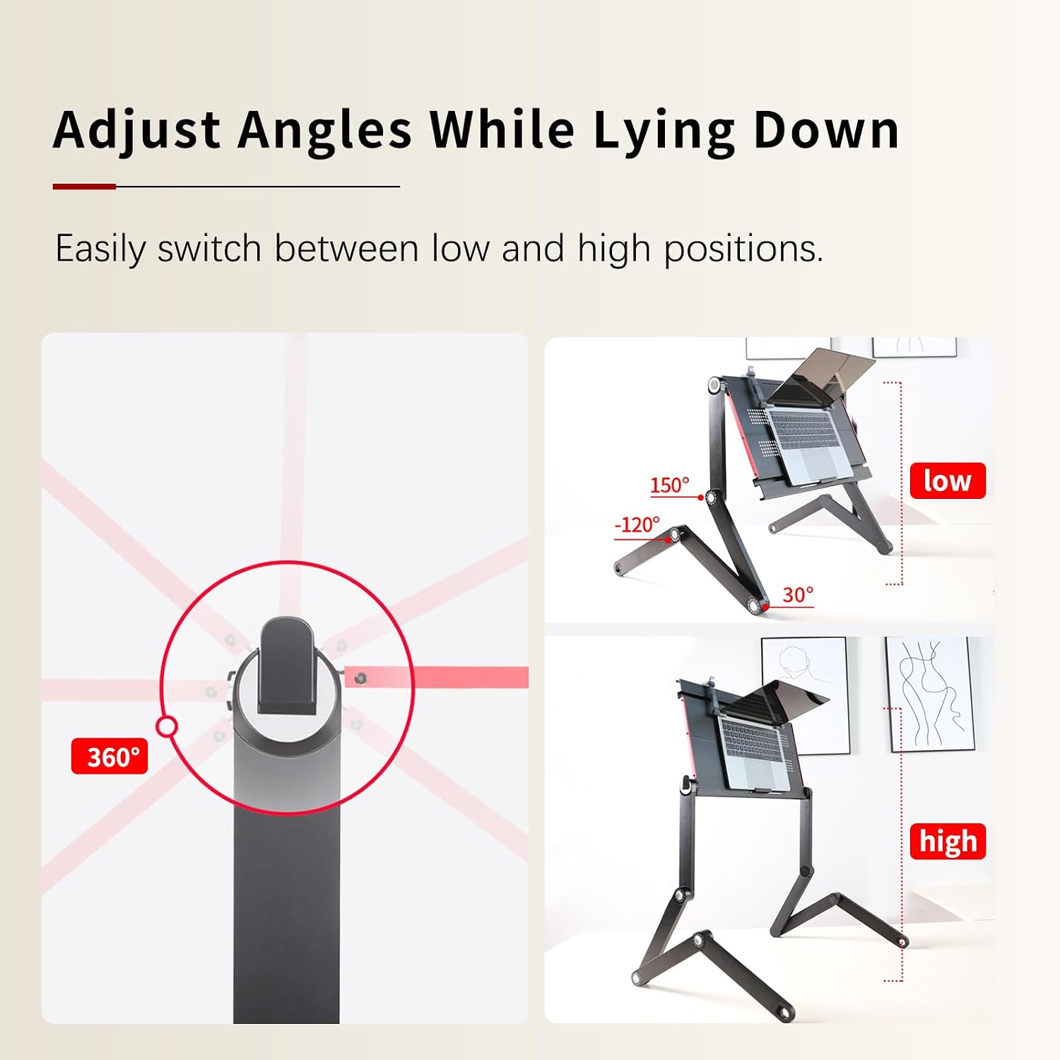 Foldable Laying Down Desk - Adjustable Height, Laptop Stand for Couch | Lying Down Laptop Stand for Bed, Sofa.with Mouse pad(Large,Black)