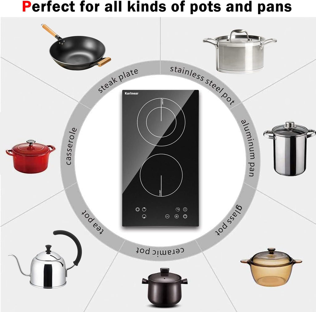Karinear 2 Burner Electric Cooktop 12 Inch, Drop-in Radiant Cooktop 220v - 240v with Child Safety Lock, Timer, Residual Heat Indicator, 3200W, Hard Wired, No Plug Electric Stove Top