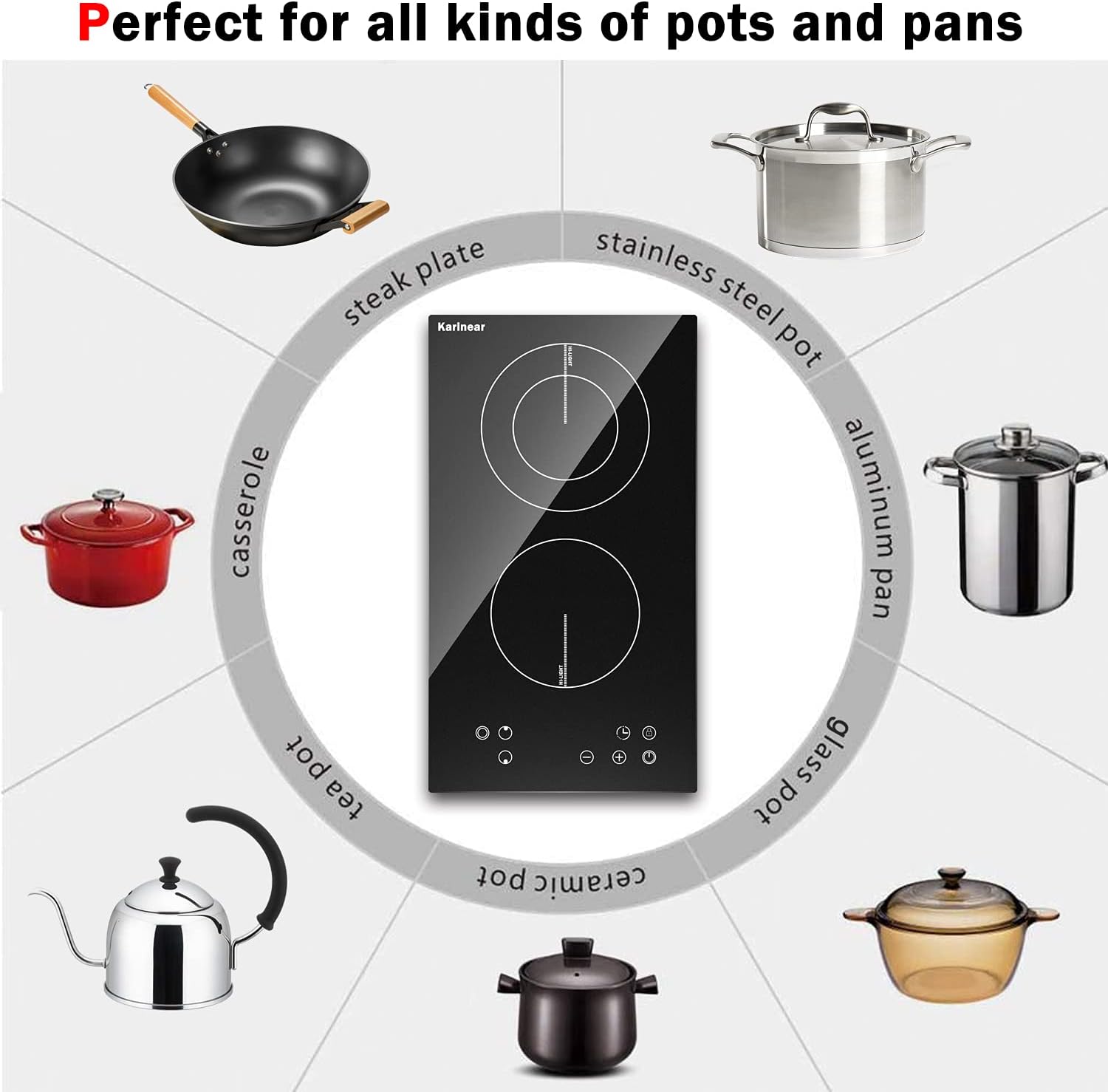 Karinear 2 Burner Electric Cooktop 12 Inch, Drop-in Radiant Cooktop 220v - 240v with Child Safety Lock, Timer, Residual Heat Indicator, 3200W, Hard Wired, No Plug Electric Stove Top