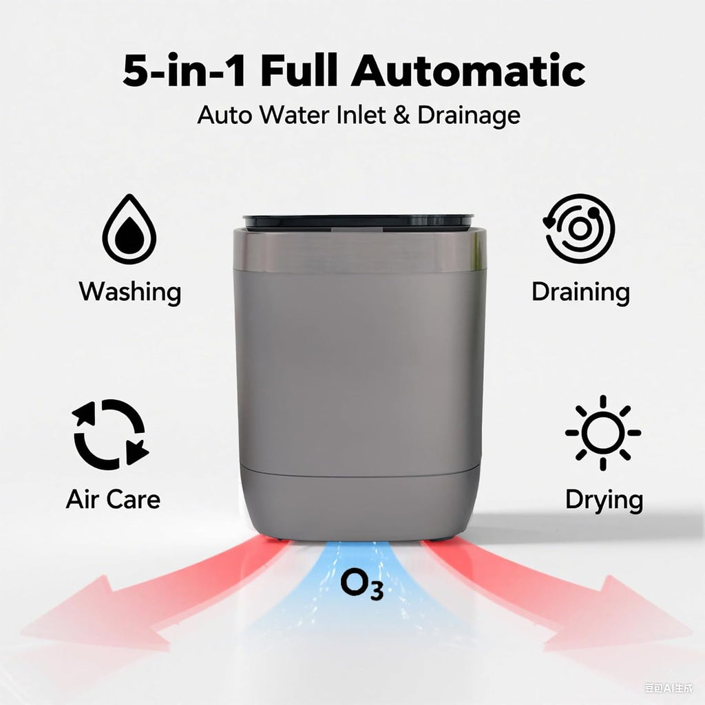 Auto Mini Washing Machine for Underwear, Socks & Delicates - 7L(1kg) Capacity with Heat Dry & Ozone Care System, Built-in Drain/Spin Functions