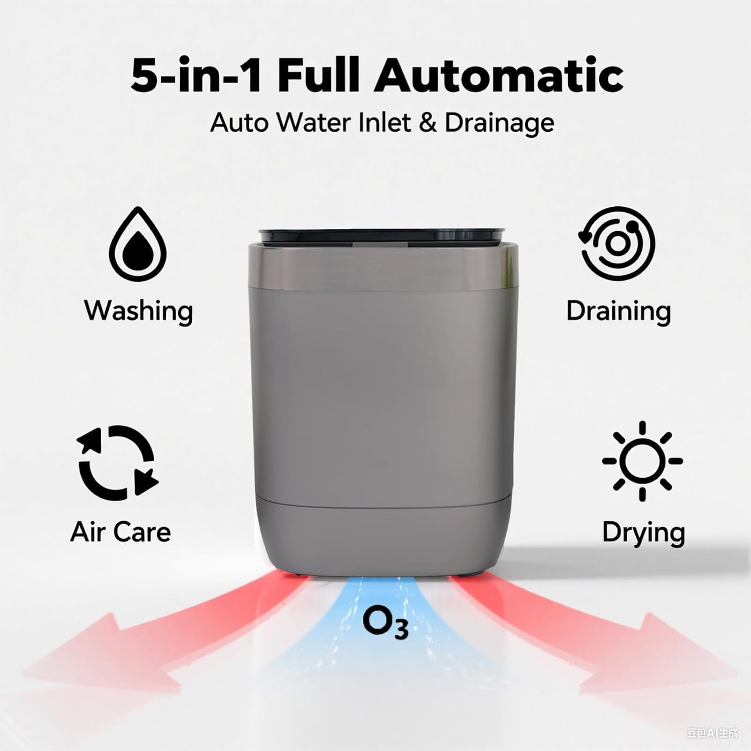 Auto Mini Washing Machine for Underwear, Socks & Delicates - 7L(1kg) Capacity with Heat Dry & Ozone Care System, Built-in Drain/Spin Functions
