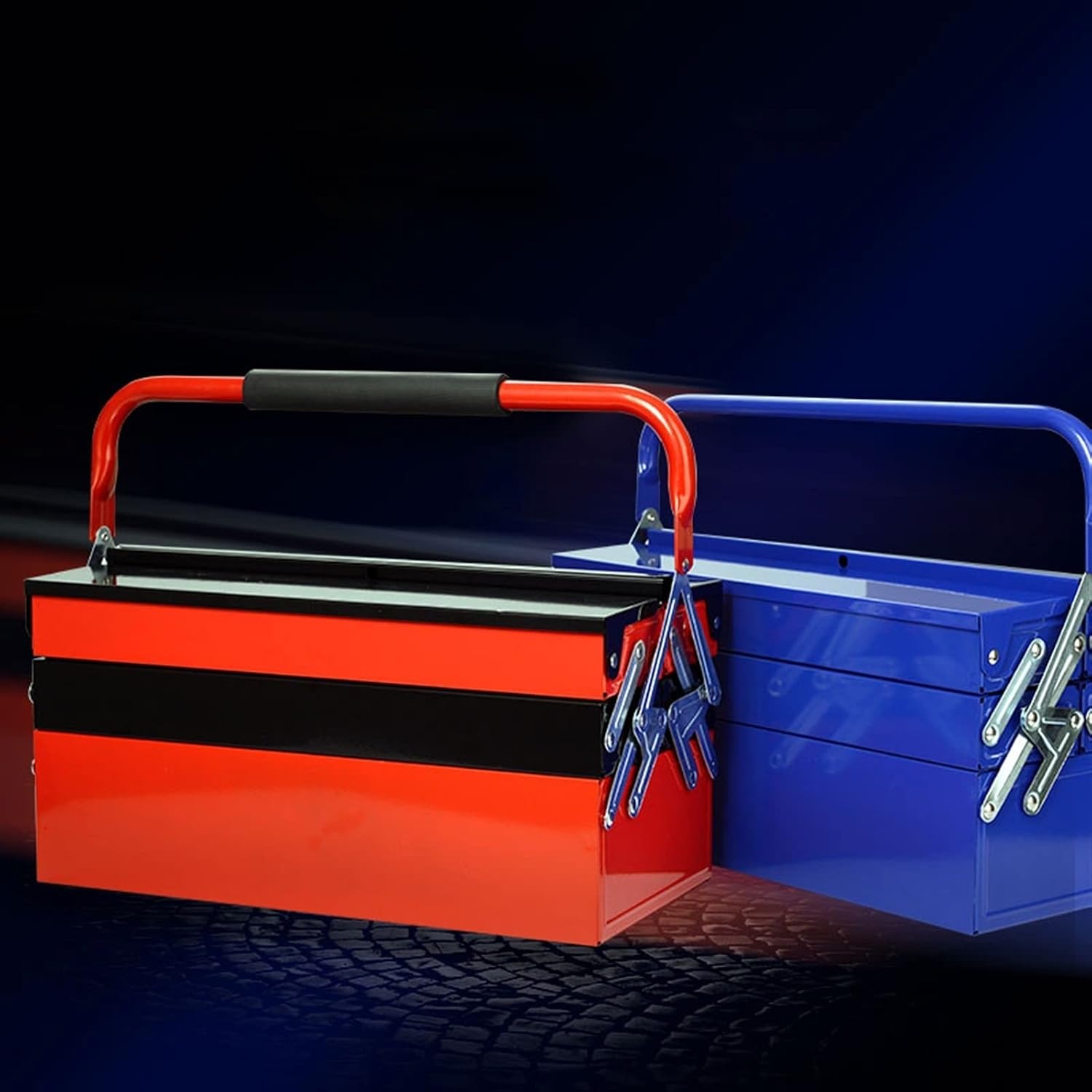 Portable Tool Box Portable Tool Case with 3-Tier Folding Organizer, Heavy Duty Metal Frame with Smooth Metal Cantilever Lock Storage Tool Case Small Parts Box
