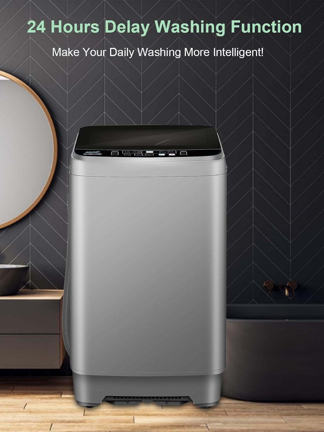 25 lbs Full Automatic Washing Machine with LED Display Compact Washing Machine with a Glass Cover Drain Dump, 10 Wash Programs and 8 Water Levels Ideal for Dorms, Apartments, RV, Grey