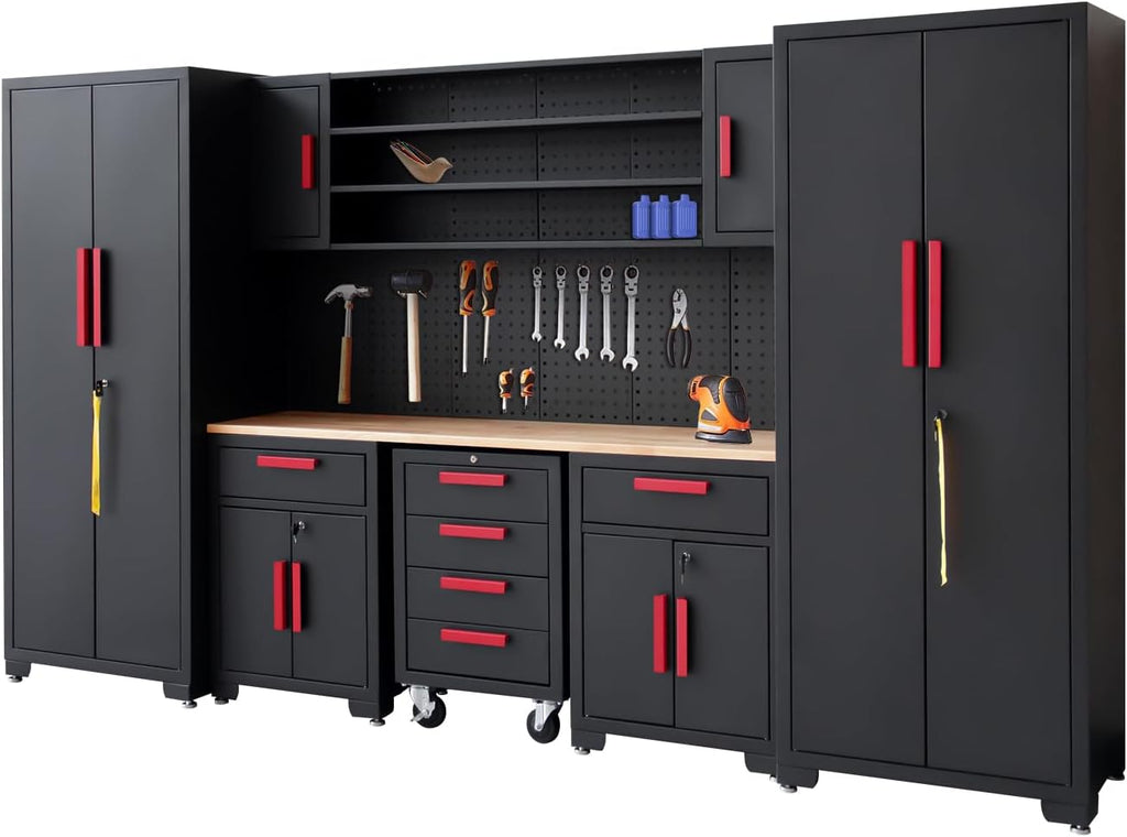 Garage Cabinet Storage System - 9-Piece Workshop Set w/Steel Cabinets & Workbench Includes Rolling Chest & Pegboard Heavy-Duty Black & Red Tool Organization for Garage/Workshop
