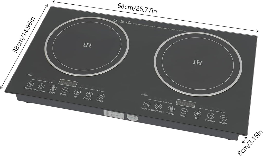 26 Inch Electric Cooktop 3 Burner 3000W, Built In Electric Stove 110V Electric Cooktop with Glass Metal Frame, Timer & Kid Safety Lock, Touch Control (2 burners)