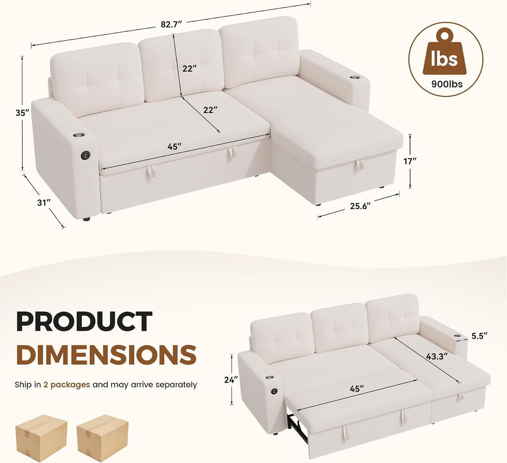 Luxanimarion 83'' Pull Out Sofa Bed, 2 in 1 Convertible Comfy Linen Couch with Storage Chaise & USB Charging, Modular Sleeper Sofa Couches for Living Room Apartment,Beige 1 PCS