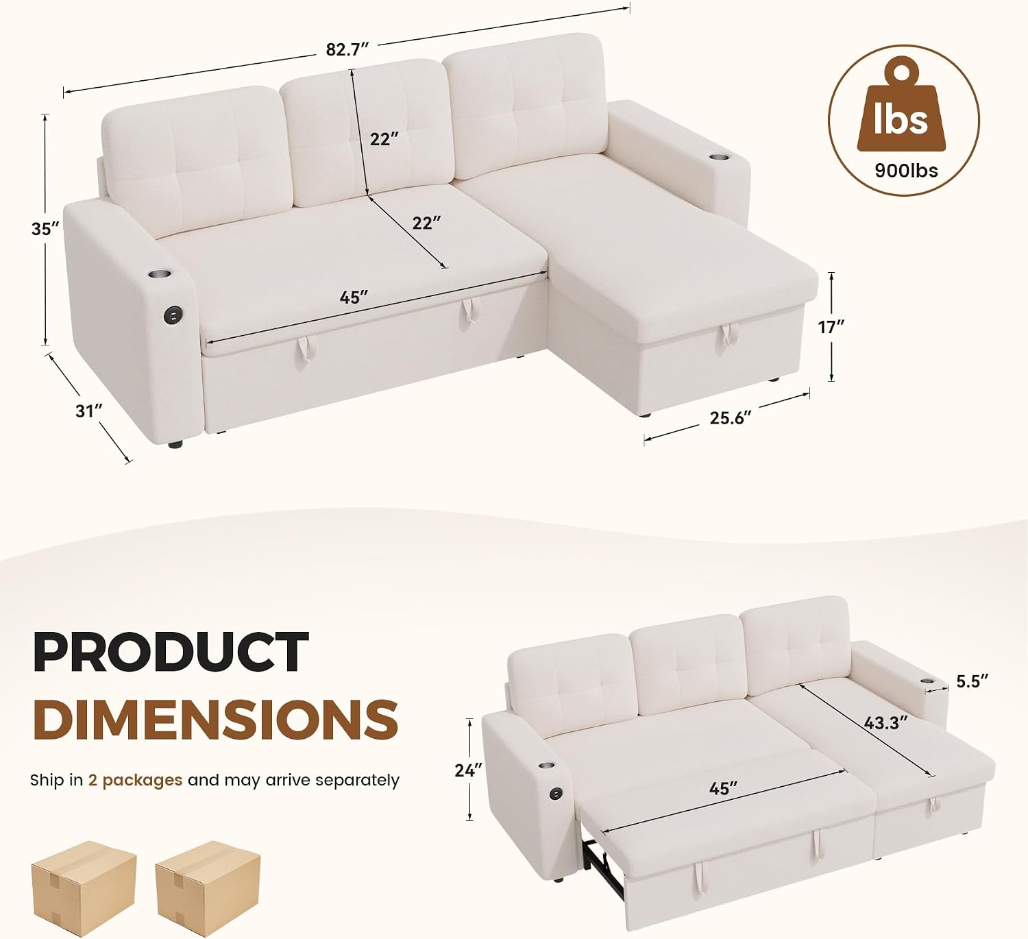 Luxanimarion 83'' Pull Out Sofa Bed, 2 in 1 Convertible Comfy Linen Couch with Storage Chaise & USB Charging, Modular Sleeper Sofa Couches for Living Room Apartment,Beige 1 PCS