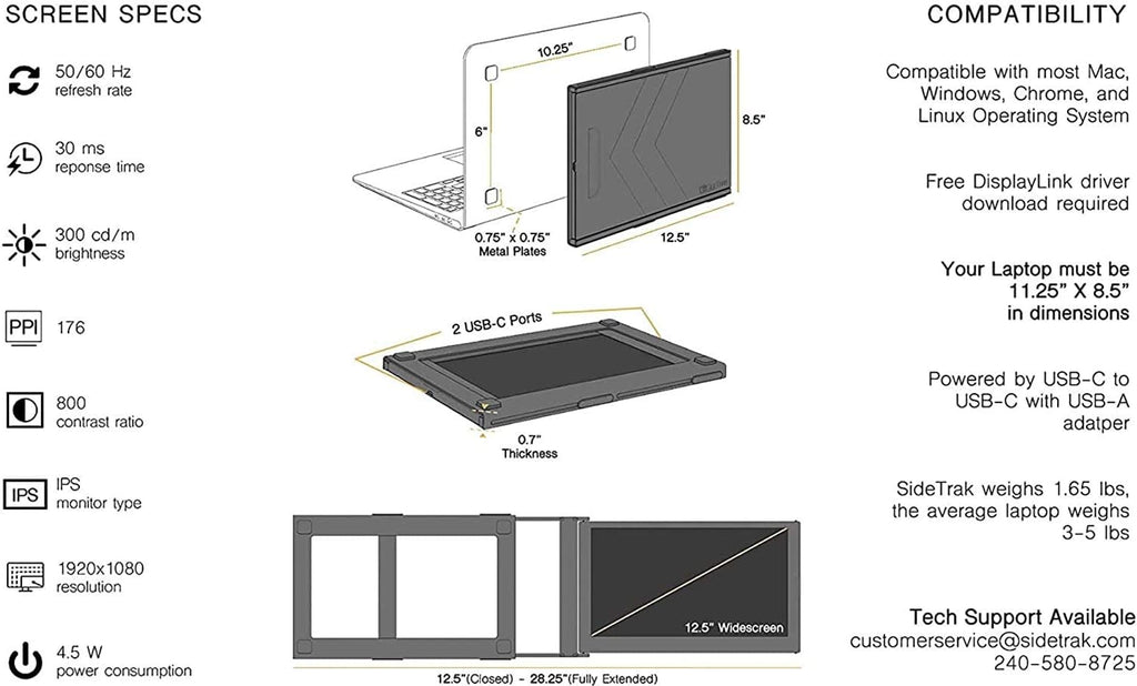 SideTrak Slide Portable Monitor for Laptop 12.5' FHD 1080P IPS Attachable Laptop Screen | Efficient USB Power | Compatible with Mac & Chrome 13' -17' Laptops (Patent Pending) | Black