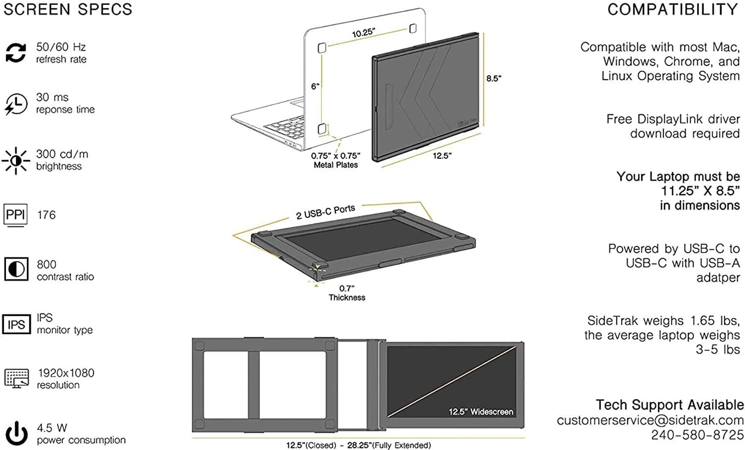 SideTrak Slide Portable Monitor for Laptop 12.5' FHD 1080P IPS Attachable Laptop Screen | Efficient USB Power | Compatible with Mac & Chrome 13' -17' Laptops (Patent Pending) | Black