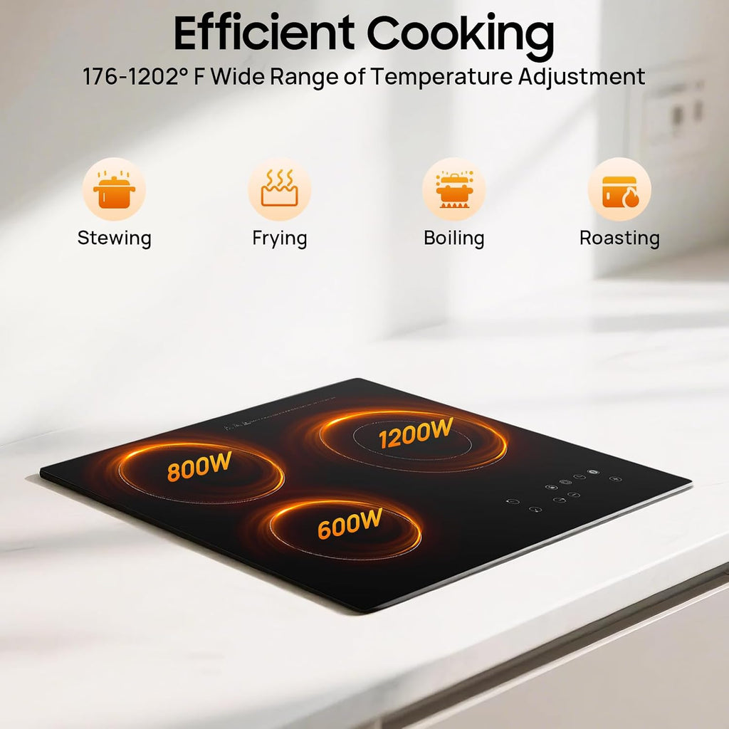 Electric Ceramic Cooktop, 3 Burners Radiant Electricing Stove Top with Plug, Child Safety Lock, Sensor Touch Control, 9 Heating Levels Cooker for Kitchen (3 Burners Electric Ceramic Cooktop)