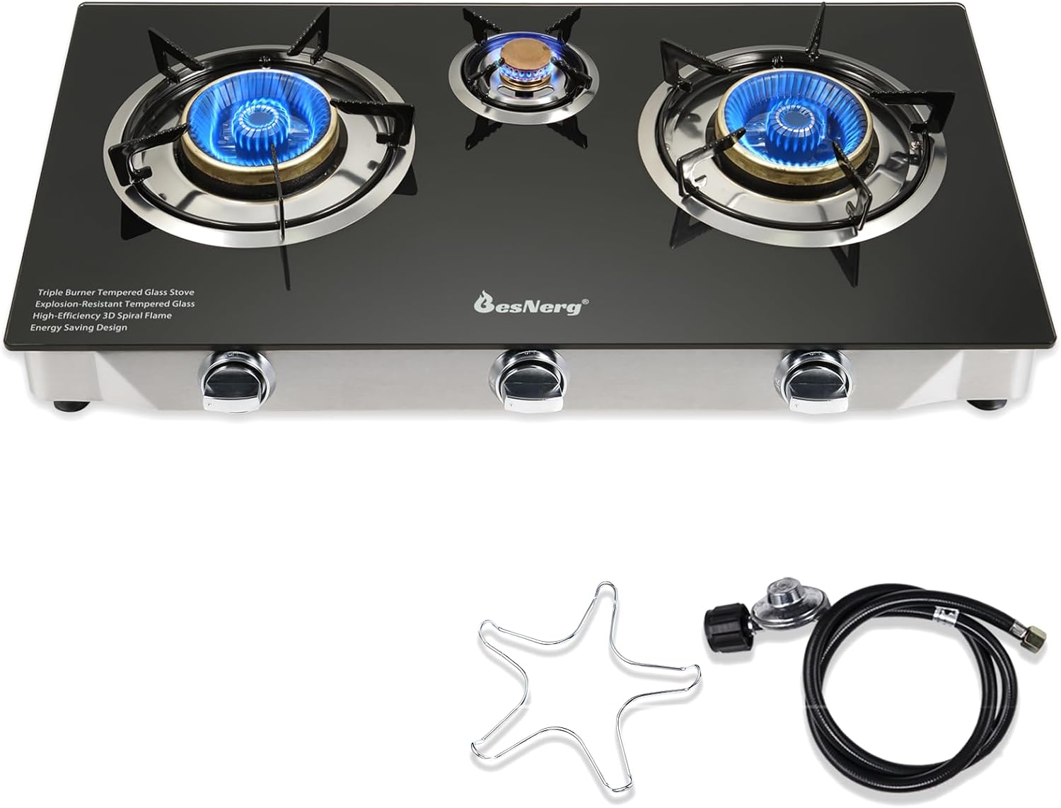 3 Burner Propane Gas Stove with Auto Ignition, 34000 BTU High-Efficiency Heavy-Duty Tempered Glass Cooktop, CSA Regulator & Hose Included, for Outdoor Camping Emergency