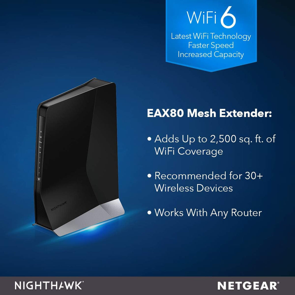 NETGEAR Nighthawk WiFi 6 Mesh Range Extender EAX80 - Add up to 2,500 sq. ft. and 30+ Devices with AX6000 Dual-Band Wireless Signal Booster & Repeater (up to 6Gbps Speed), Plus Smart Roaming