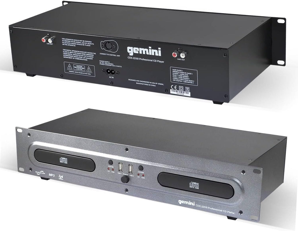 Gemini Dual CD/USB DJ Media Player – 2-Deck Rackmount CD Player with Jog Wheels, MP3 Playback & Anti-Shock – Pro Audio Component for DJs, Mobile Rigs & Installations (CDX-2250i)