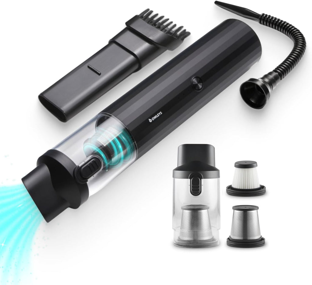 Owleys Portable Handheld Car Vacuum Cleaner with HEPA & Stainless Steel Filter, 6000–16000PA Suction, 85000 RPM Motor, 40-Min Battery Life, Cordless Mini Vacuum for Car, Home, and Office (13, Volts)