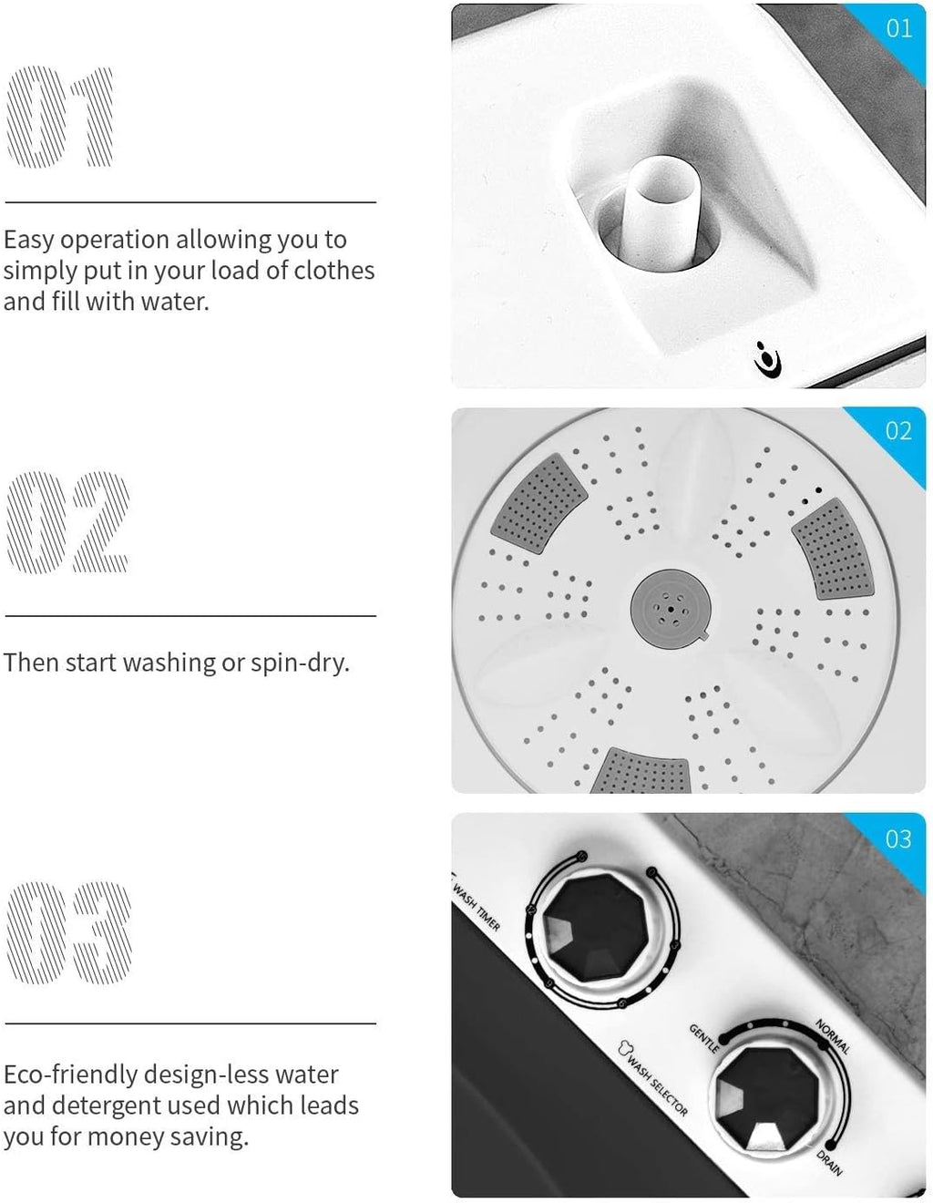 Compact Twin Tub Portable Mini Washing Machine 26lbs Capacity, Washer(18lbs)&Spiner(8lbs)/Built-in Drain Pump/Semi-Automatic (White&Black)