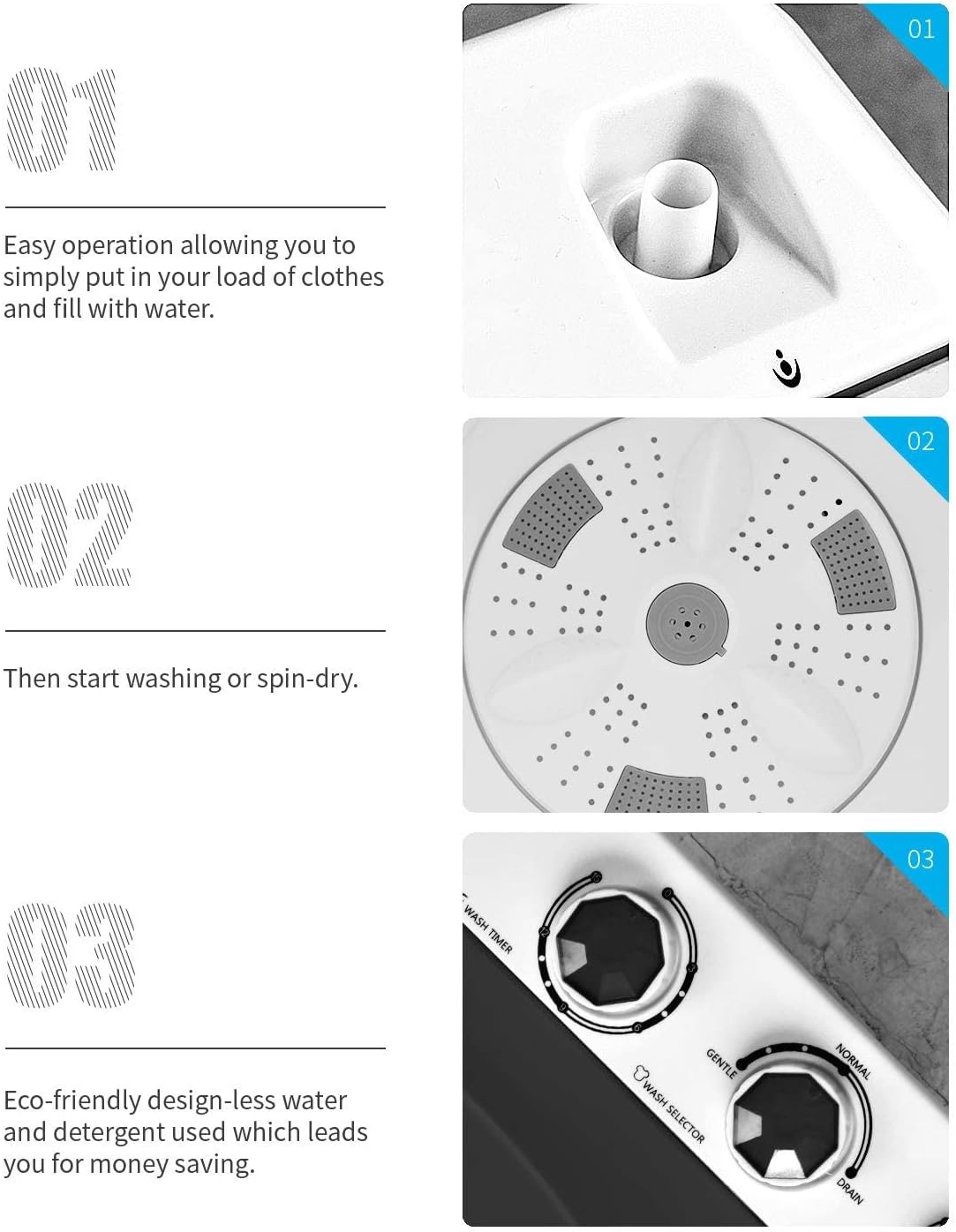 Compact Twin Tub Portable Mini Washing Machine 26lbs Capacity, Washer(18lbs)&Spiner(8lbs)/Built-in Drain Pump/Semi-Automatic (White&Black)