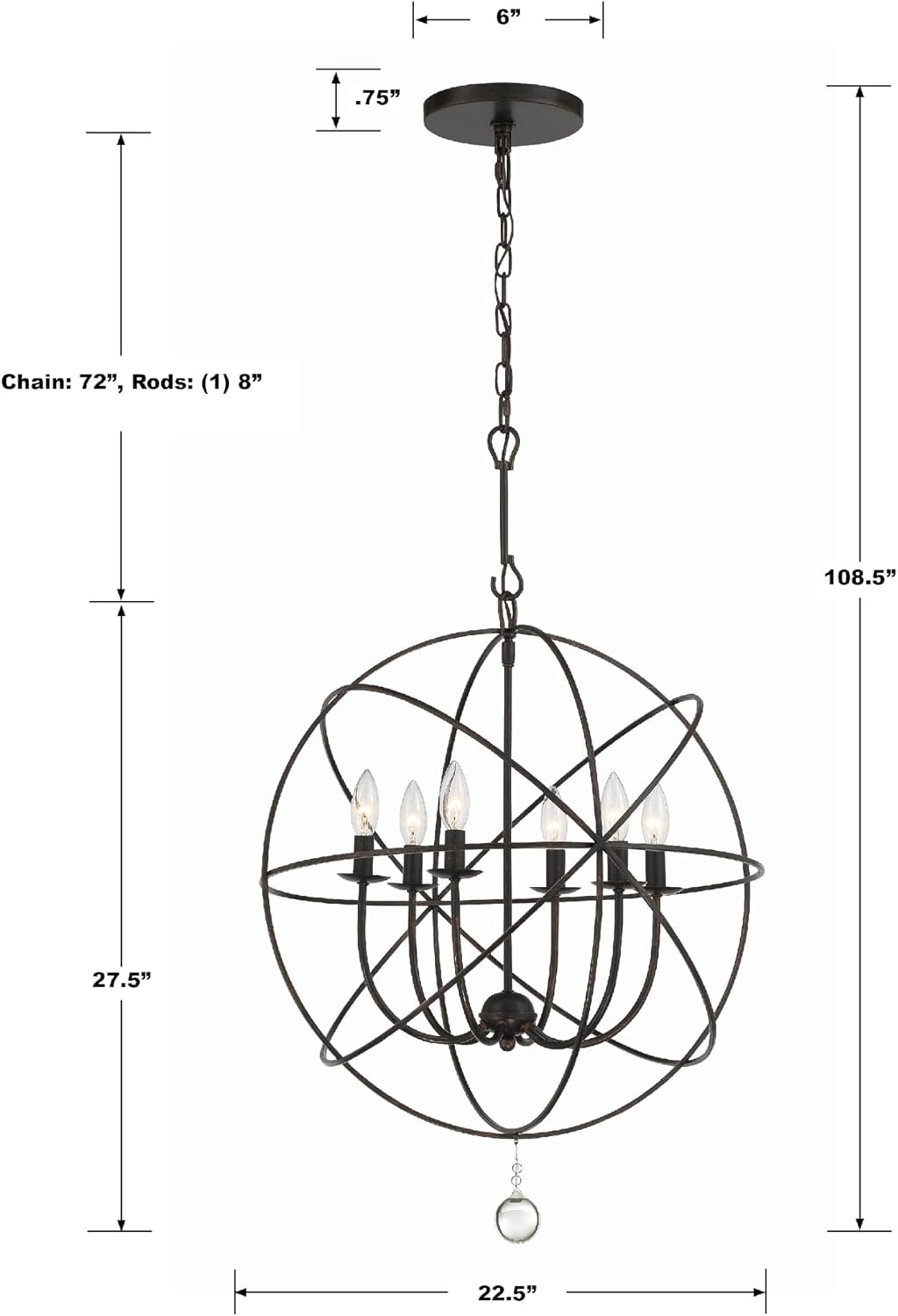 Crystorama Solaris 6 Light English Bronze Sphere Chandelier