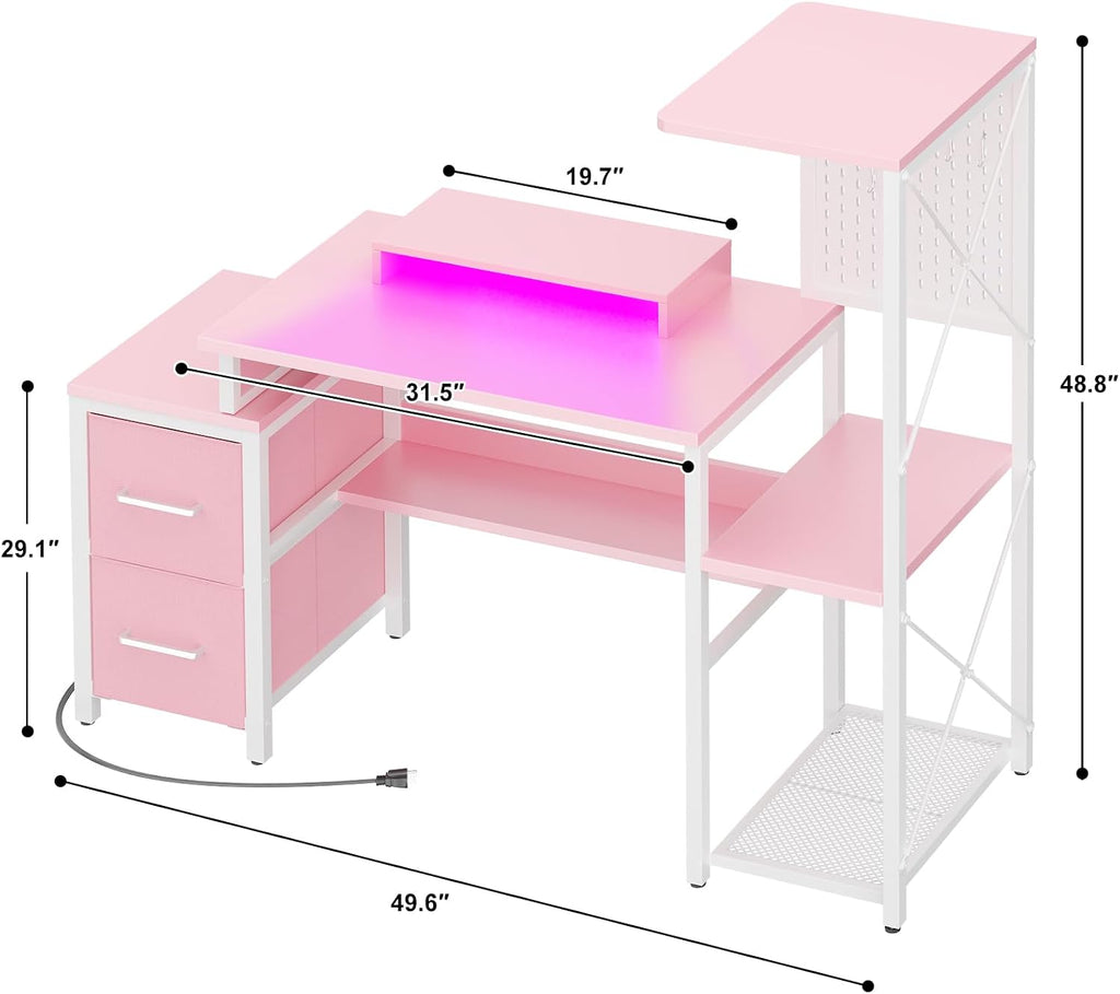Small Gaming Desk with 2 Fabric Drawers - Reversible Computer Desk with Power Outlet & LED Lights, 49' Office Desk with Monitor Stand & Storage Shelves, Writing Study Table with Pegboard, Pink