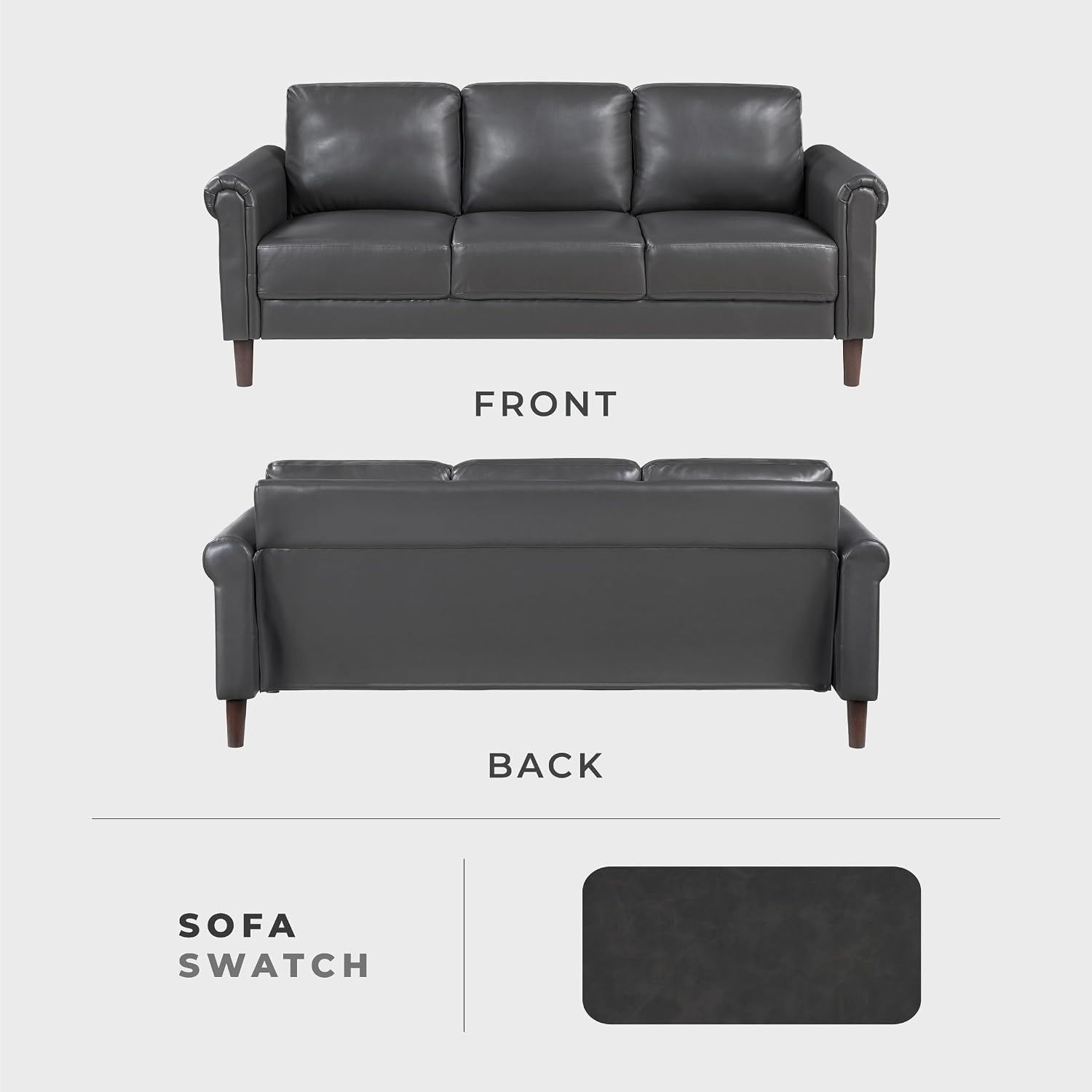 Lexicon 79' W Sofa Couch, Faux Leather Upholstered 3-Seater with Rolled Arms & Wood-Look Feet, Pocket Coil Support, Traditional Living Room, Office or Waiting Room Seating - Dark Gray