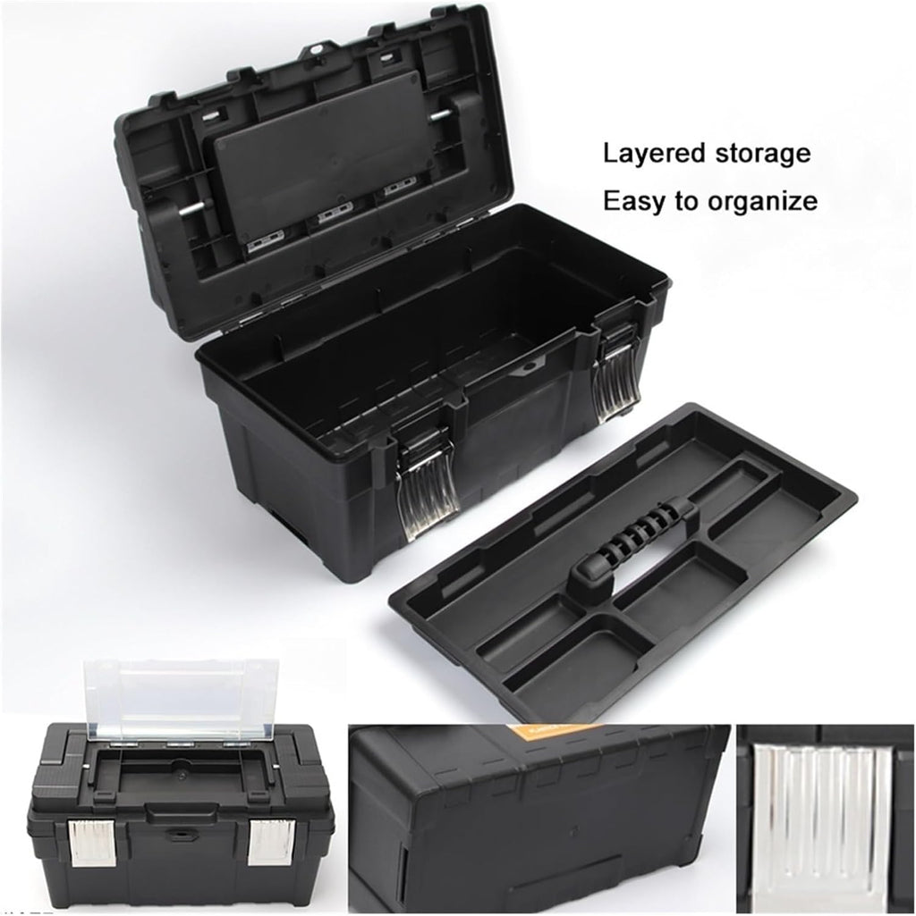 Toolbox Multipurpose Storage Box Alloy Long Handle Toolbox Household Double Portable Plastic Hardware Tool Storage Box (Black) Tool Box(Medium)