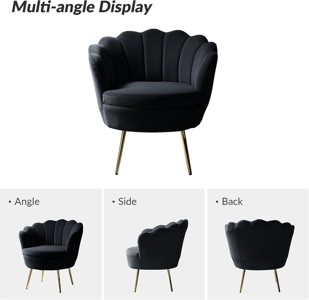 HULALA HOME Modern Velvet Accent Chairs Set of 2 with Shell Shaped Back, Cute Living Room Bedroom Armchairs with Gold Legs, Comfy Upholstered Vanity Chairs for Makeup Room, Black