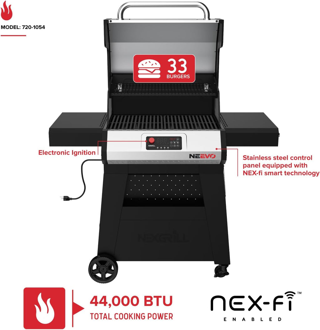 Neevo Smart Propane Grill 44,000 BTU, 2-Burner Outdoor BBQ, Electronic Control, 714 Sq In Cooking Space, Cast Iron Grates, App Connected – 720-1054