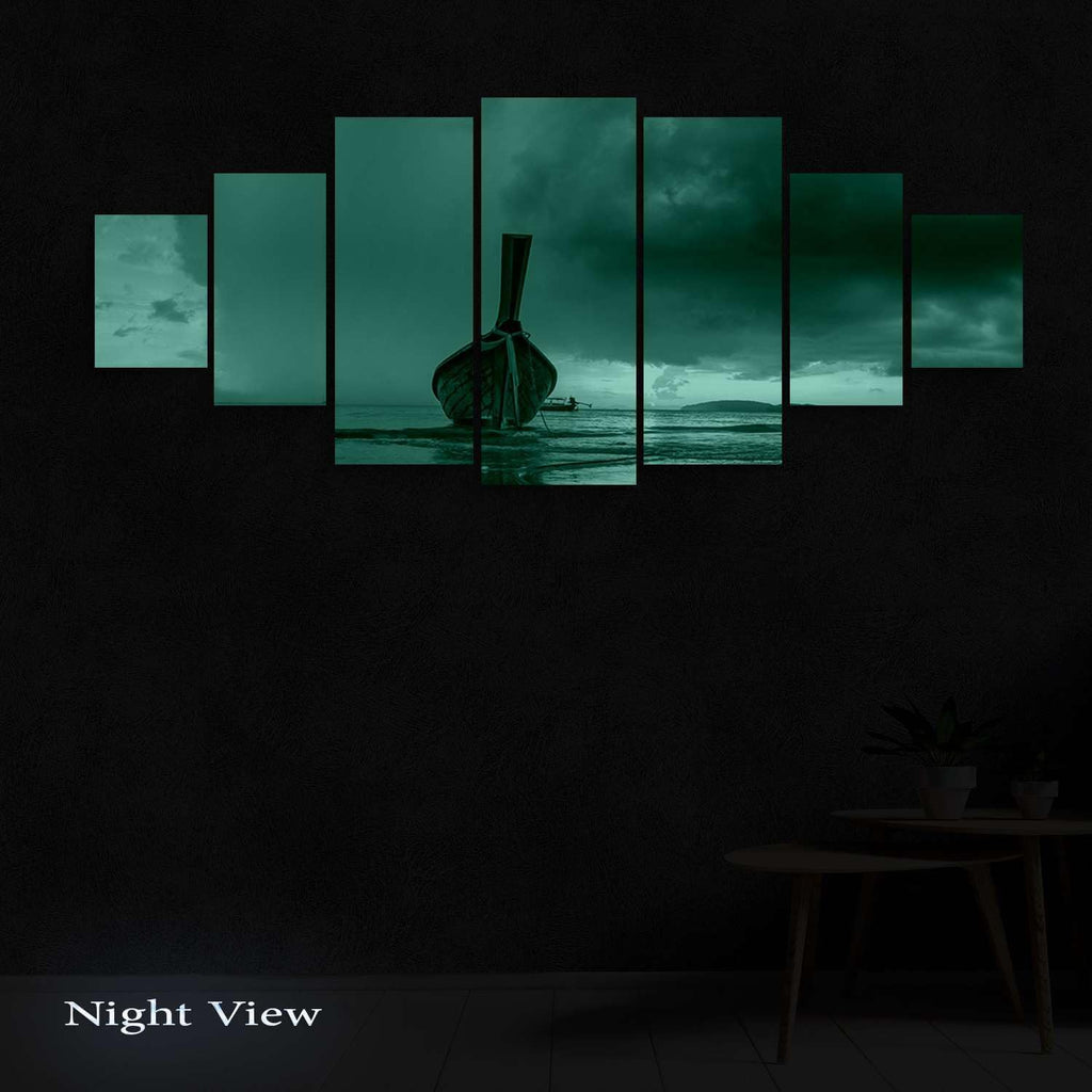 Startonight Large Canvas Wall Art Beach - A Boat at Sunset - Huge Framed Modern Set of 7 Panels 40' x 95'