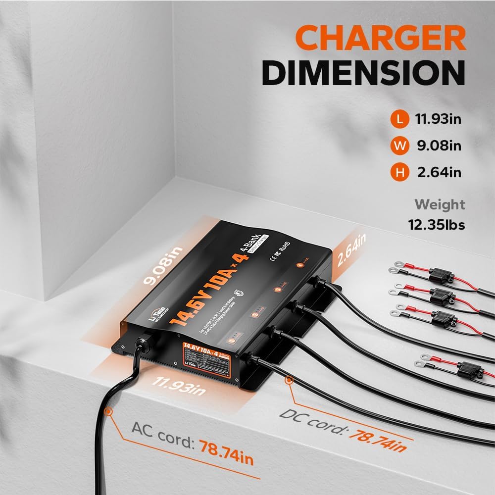 LiTime 4-Bank 10A (10A/Bank) Smart Battery Charger, 14.6V LiFePO4 Battery Charger AC-DC Charger with Fuse, LED Indicator for RV, Boat, Motorcycle, Lawn Mower, Trolling Motor and Lead Acid Battery